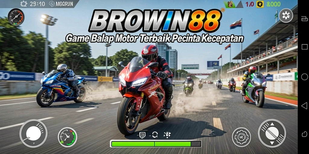 Gameplay BROWIN88 menampilkan balapan motor yang mendebarkan di berbagai trek.