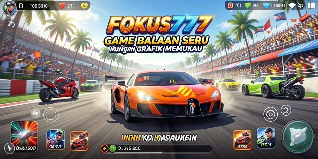 Screenshot gameplay FOKUS777 menampilkan balapan mendebarkan di trek yang menantang.
