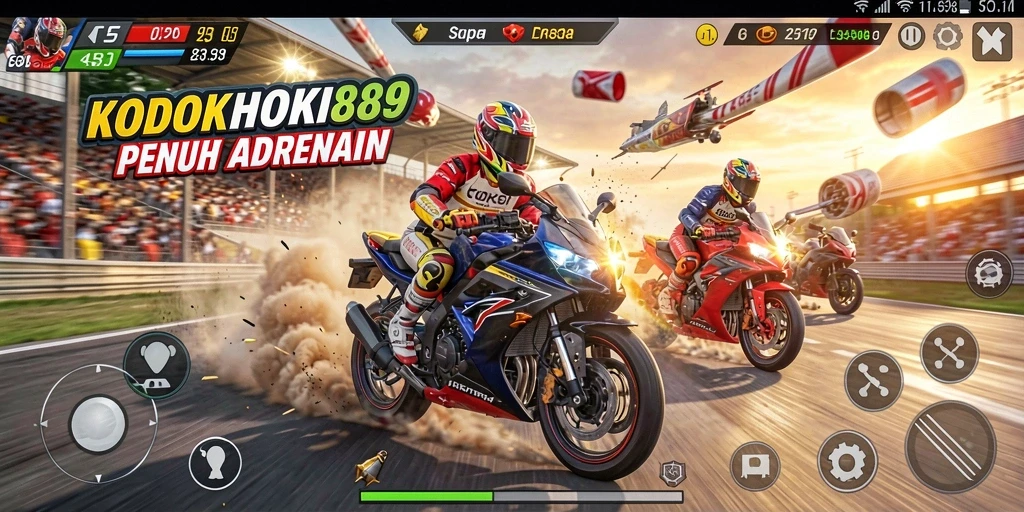 Tampilan gameplay mendebarkan dari KODOKHOKI889 dengan aksi balapan motor.