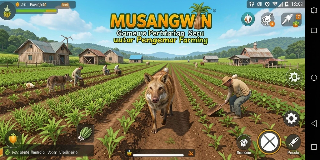 Screenshot menampilkan gameplay seru dari <strong>MUSANGWIN</strong> dengan ladang yang subur dan hewan ternak.