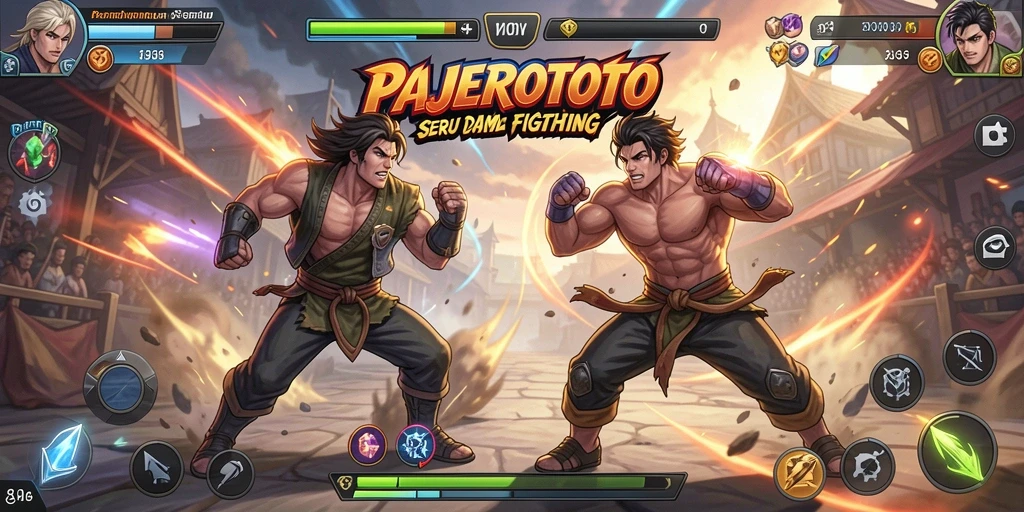 Tangkapan layar utama PAJEROTOTO menunjukkan karakter bertarung dalam arena yang menegangkan.