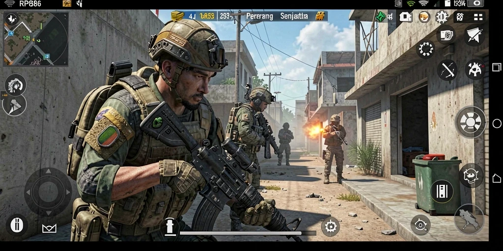 Screenshot gameplay RP886 menampilkan pertempuran intens dan grafis memukau.