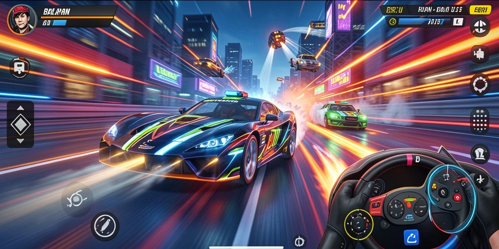 Gameplay T6 menampilkan balapan seru dengan mobil kecepatan tinggi.