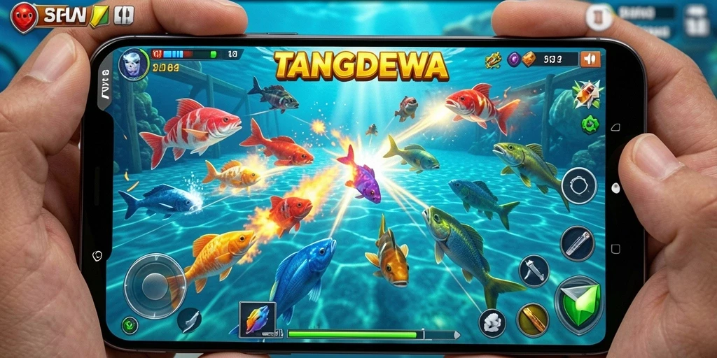 Screenshot gameplay TANGANDEWA yang menampilkan aksi menembak ikan.
